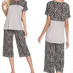 Women's Leopard Short Sleeve Top Splicing Short Sets Pajama Sleepwear- Large